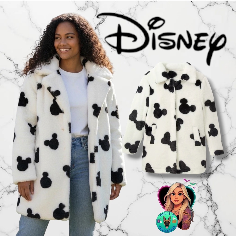 Disney Mickey Mouse Dalmatian Print Faux Fur Coat White Black Womens Medium VTG